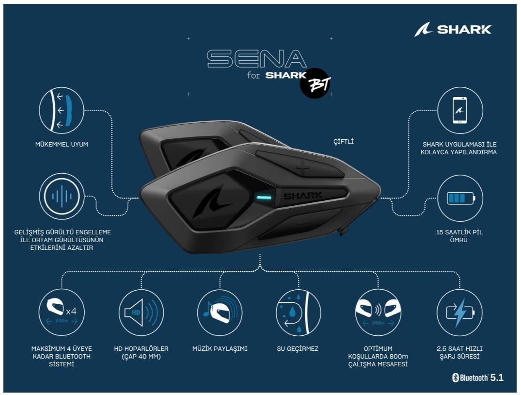 SHARK SENA BLUETOOTH İNTERCOM ÇİFTLİ BTD SİYAH