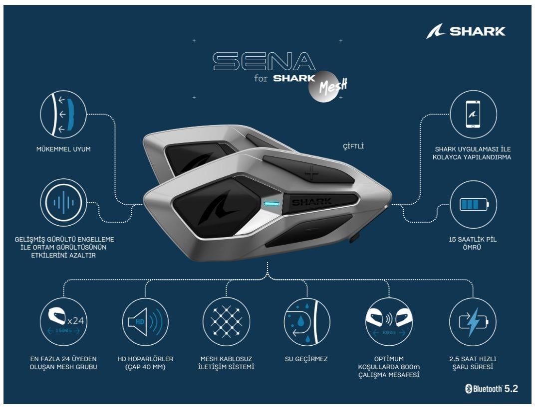 SHARK SENA BLUETOOTH İNTERCOM ÇİFTLİ MWD METALİK GRİ