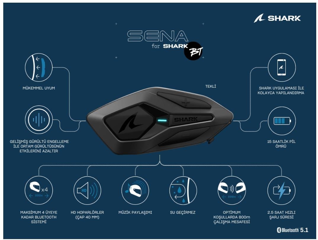 SHARK SENA BLUETOOTH İNTERCOM TEKLİ BTS SİYAH